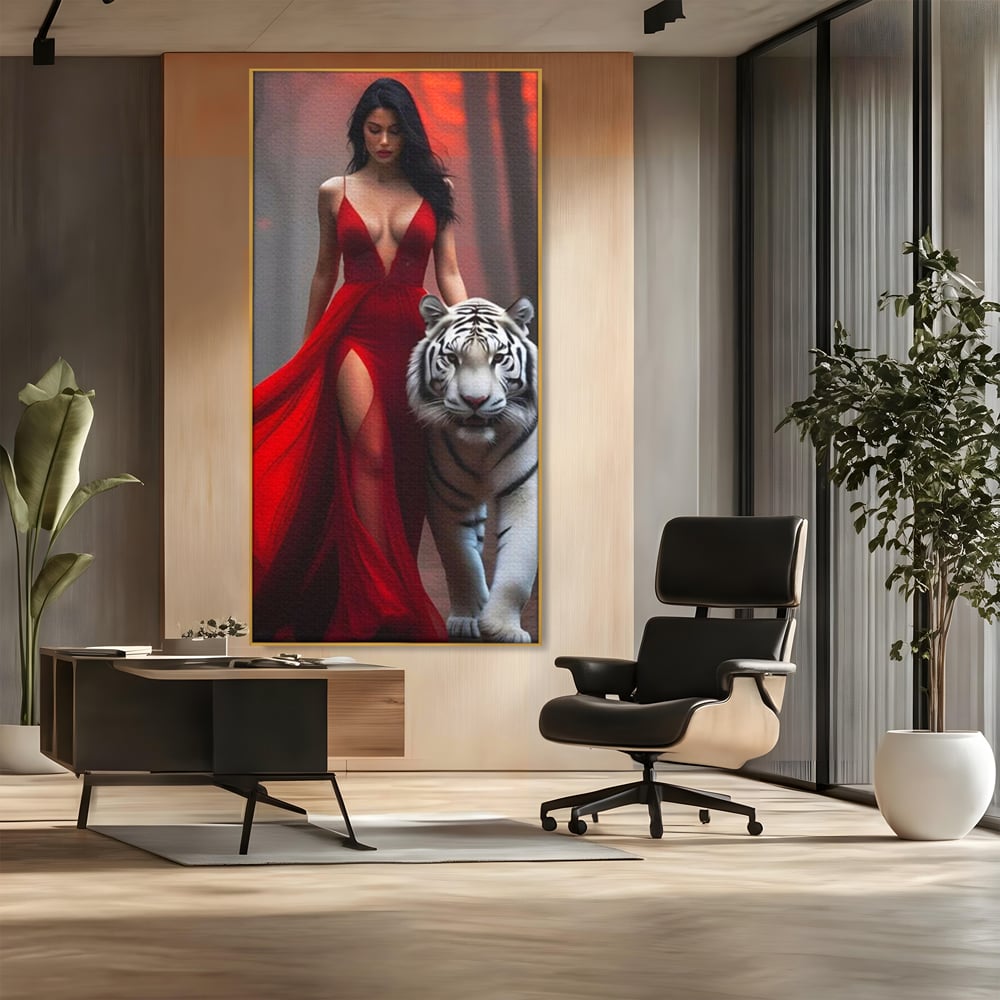 Leinwand Wandkunst Canvas Premium, LuxCanva® M1428, Tierbändiger, Tiger, Frau, Kleid, Verführung, Leidenschaft, Wild, Wald, Feline, Tier, Büro, Wohnen, Kinderzimmer