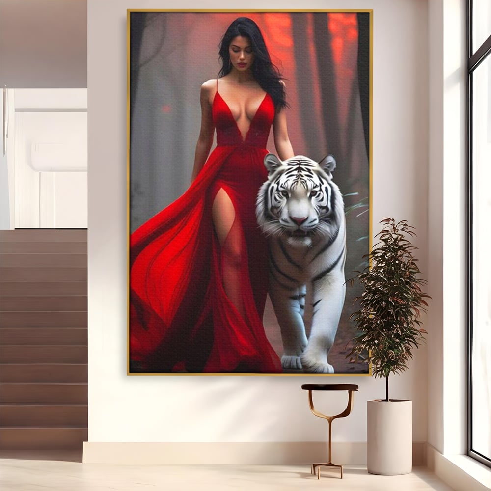 Leinwand Wandkunst Canvas Premium, LuxCanva® M1428, Tierbändiger, Tiger, Frau, Kleid, Verführung, Leidenschaft, Wild, Wald, Feline, Tier, Büro, Wohnen, Kinderzimmer