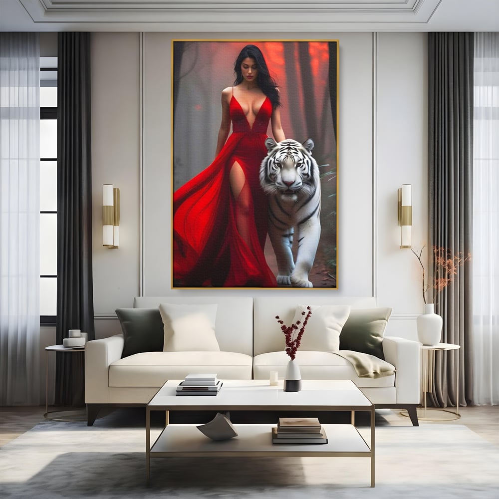 Leinwand Wandkunst Canvas Premium, LuxCanva® M1428, Tierbändiger, Tiger, Frau, Kleid, Verführung, Leidenschaft, Wild, Wald, Feline, Tier, Büro, Wohnen, Kinderzimmer