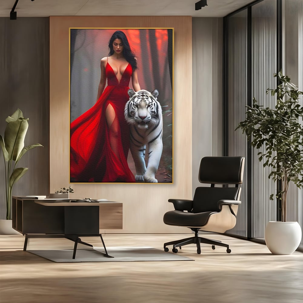 Leinwand Wandkunst Canvas Premium, LuxCanva® M1428, Tierbändiger, Tiger, Frau, Kleid, Verführung, Leidenschaft, Wild, Wald, Feline, Tier, Büro, Wohnen, Kinderzimmer