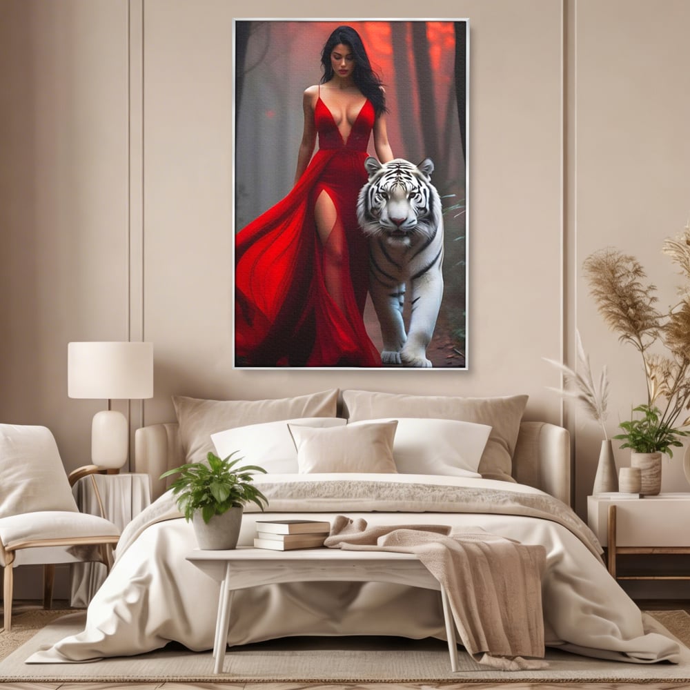 Leinwand Wandkunst Canvas Premium, LuxCanva® M1428, Tierbändiger, Tiger, Frau, Kleid, Verführung, Leidenschaft, Wild, Wald, Feline, Tier, Büro, Wohnen, Kinderzimmer
