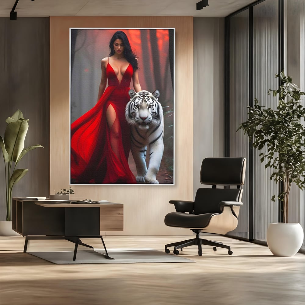 Leinwand Wandkunst Canvas Premium, LuxCanva® M1428, Tierbändiger, Tiger, Frau, Kleid, Verführung, Leidenschaft, Wild, Wald, Feline, Tier, Büro, Wohnen, Kinderzimmer