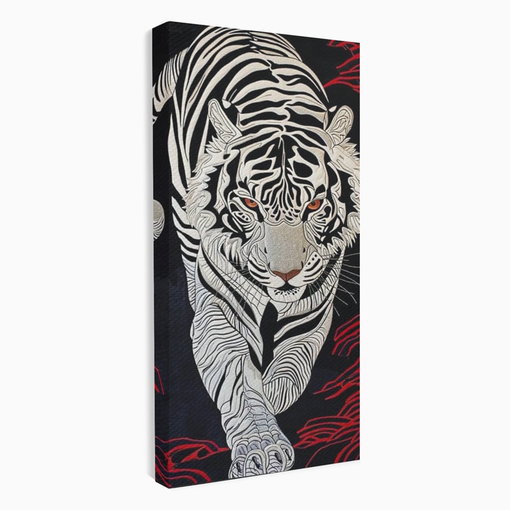 Tablou Canvas Premium, LuxCanva® M1429, Ritualul Umbrei, Oriental, Rosu, Foc, Umbre, Tigru, Felina, Bestie, Vanator, Mister, Arta Abstracta, Birou, Living, Camera Copil
