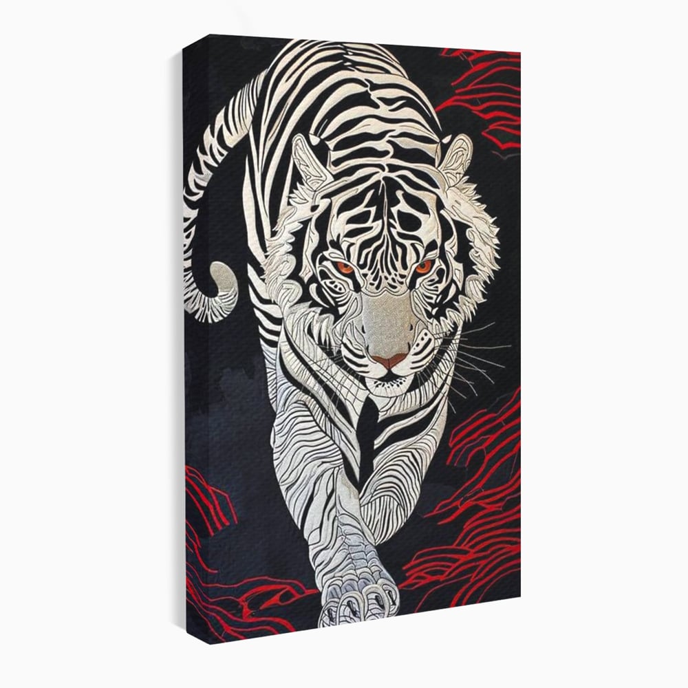 Tablou Canvas Premium, LuxCanva® M1429, Ritualul Umbrei, Oriental, Rosu, Foc, Umbre, Tigru, Felina, Bestie, Vanator, Mister, Arta Abstracta, Birou, Living, Camera Copil