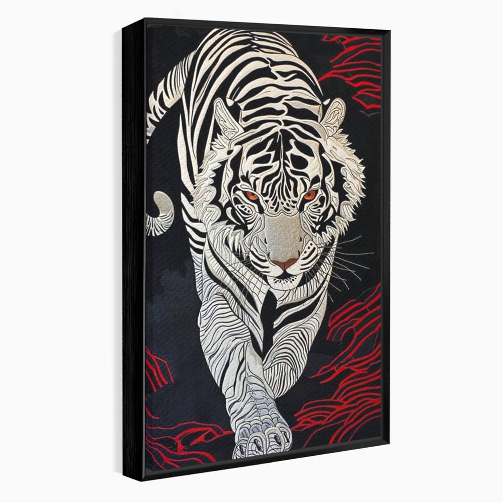 Tablou Canvas Premium, LuxCanva® M1429, Ritualul Umbrei, Oriental, Rosu, Foc, Umbre, Tigru, Felina, Bestie, Vanator, Mister, Arta Abstracta, Birou, Living, Camera Copil
