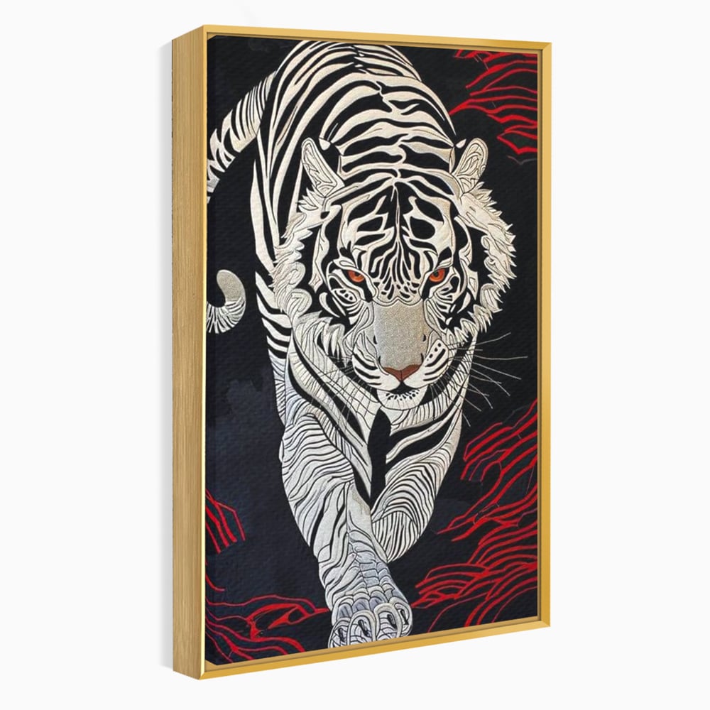 Tablou Canvas Premium, LuxCanva® M1429, Ritualul Umbrei, Oriental, Rosu, Foc, Umbre, Tigru, Felina, Bestie, Vanator, Mister, Arta Abstracta, Birou, Living, Camera Copil
