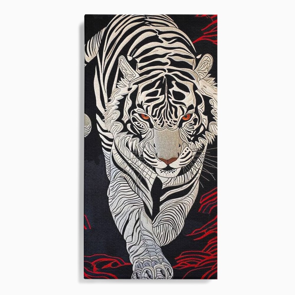 Tablou Canvas Premium, LuxCanva® M1429, Ritualul Umbrei, Oriental, Rosu, Foc, Umbre, Tigru, Felina, Bestie, Vanator, Mister, Arta Abstracta, Birou, Living, Camera Copil