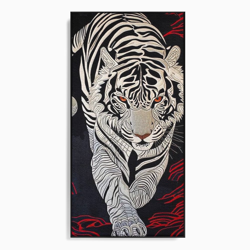 Tablou Canvas Premium, LuxCanva® M1429, Ritualul Umbrei, Oriental, Rosu, Foc, Umbre, Tigru, Felina, Bestie, Vanator, Mister, Arta Abstracta, Birou, Living, Camera Copil