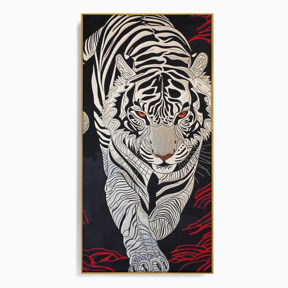 Tablou Canvas Premium, LuxCanva® M1429, Ritualul Umbrei, Oriental, Rosu, Foc, Umbre, Tigru, Felina, Bestie, Vanator, Mister, Arta Abstracta, Birou, Living, Camera Copil