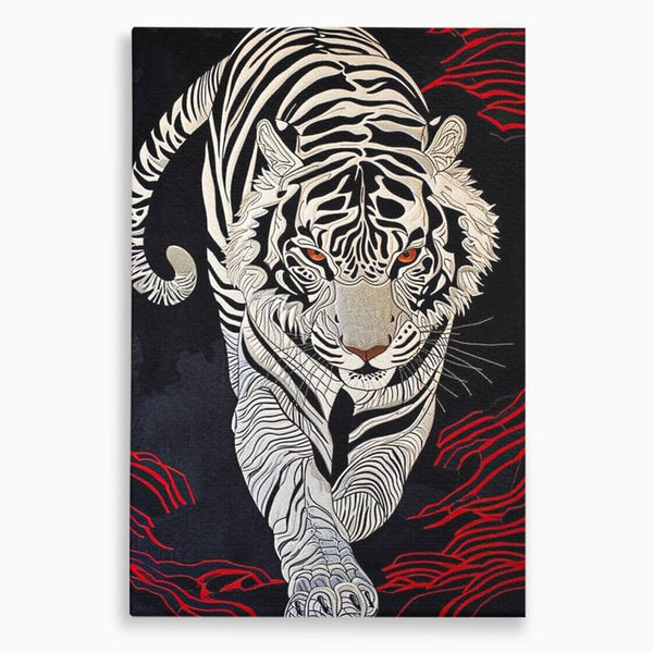 Tablou Canvas Premium, LuxCanva® M1429, Ritualul Umbrei, Oriental, Rosu, Foc, Umbre, Tigru, Felina, Bestie, Vanator, Mister, Arta Abstracta, Birou, Living, Camera Copil