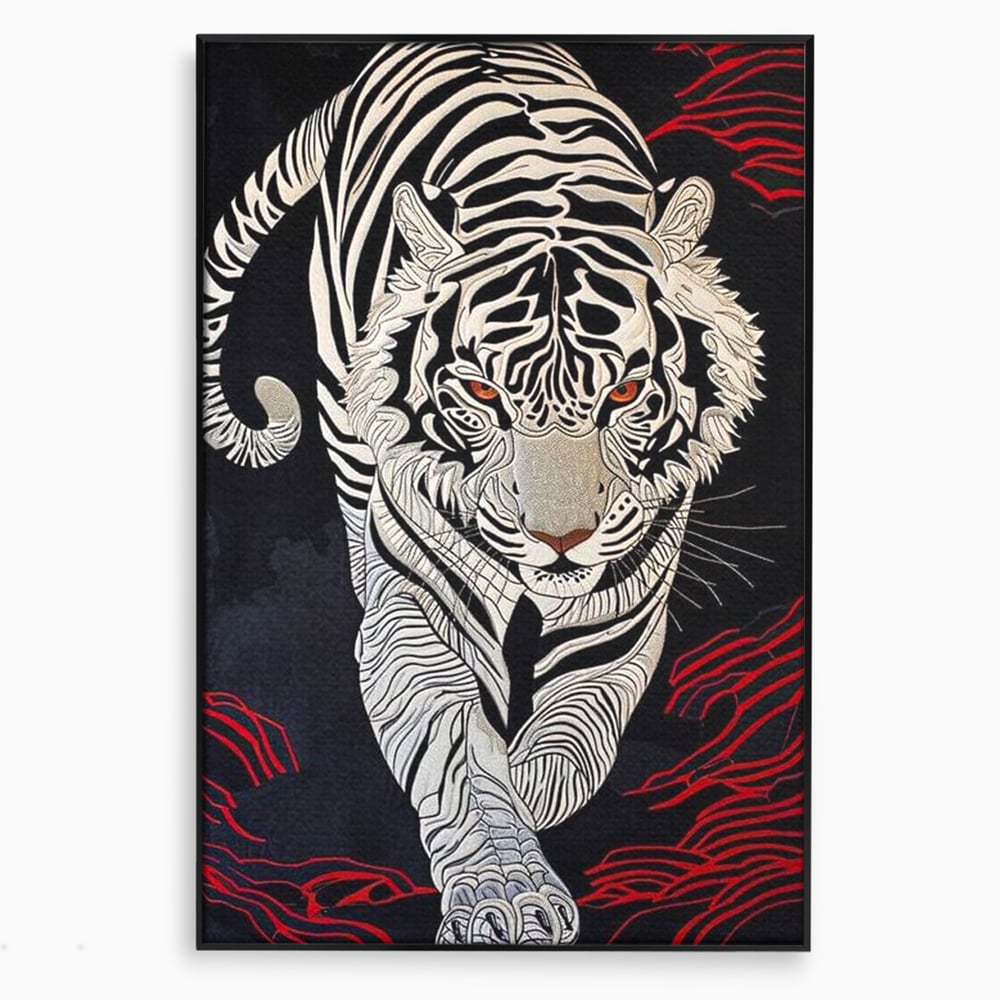 Tablou Canvas Premium, LuxCanva® M1429, Ritualul Umbrei, Oriental, Rosu, Foc, Umbre, Tigru, Felina, Bestie, Vanator, Mister, Arta Abstracta, Birou, Living, Camera Copil