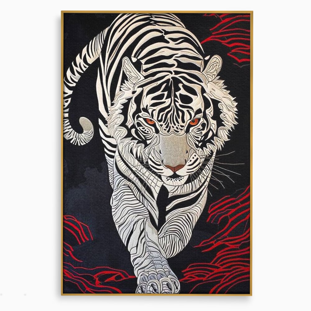Tablou Canvas Premium, LuxCanva® M1429, Ritualul Umbrei, Oriental, Rosu, Foc, Umbre, Tigru, Felina, Bestie, Vanator, Mister, Arta Abstracta, Birou, Living, Camera Copil