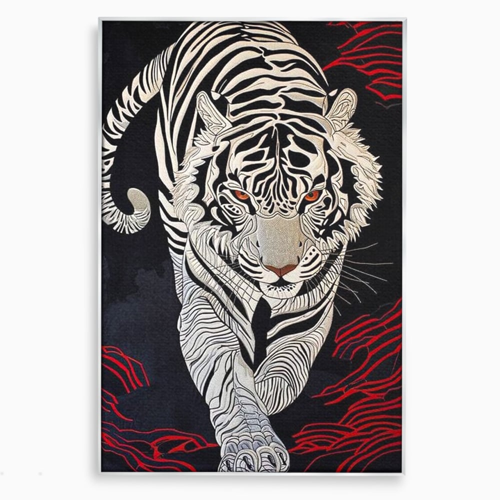 Tablou Canvas Premium, LuxCanva® M1429, Ritualul Umbrei, Oriental, Rosu, Foc, Umbre, Tigru, Felina, Bestie, Vanator, Mister, Arta Abstracta, Birou, Living, Camera Copil