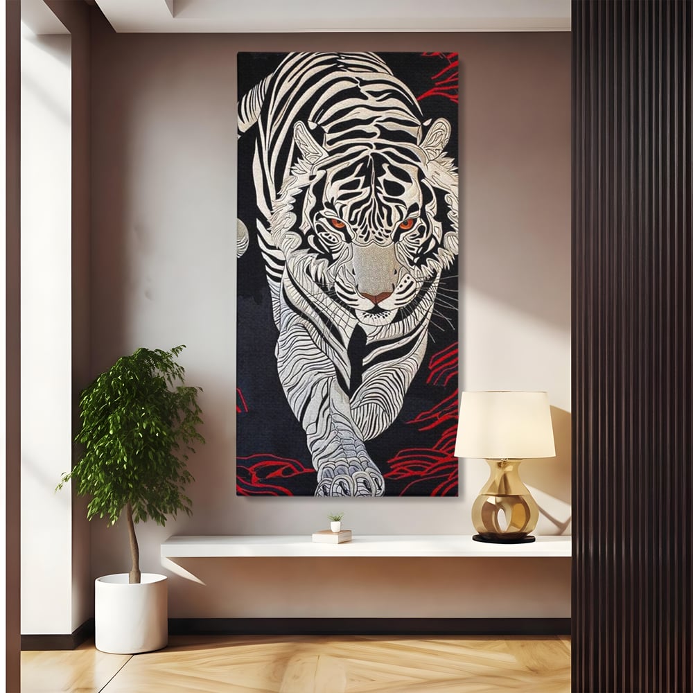 Tablou Canvas Premium, LuxCanva® M1429, Ritualul Umbrei, Oriental, Rosu, Foc, Umbre, Tigru, Felina, Bestie, Vanator, Mister, Arta Abstracta, Birou, Living, Camera Copil