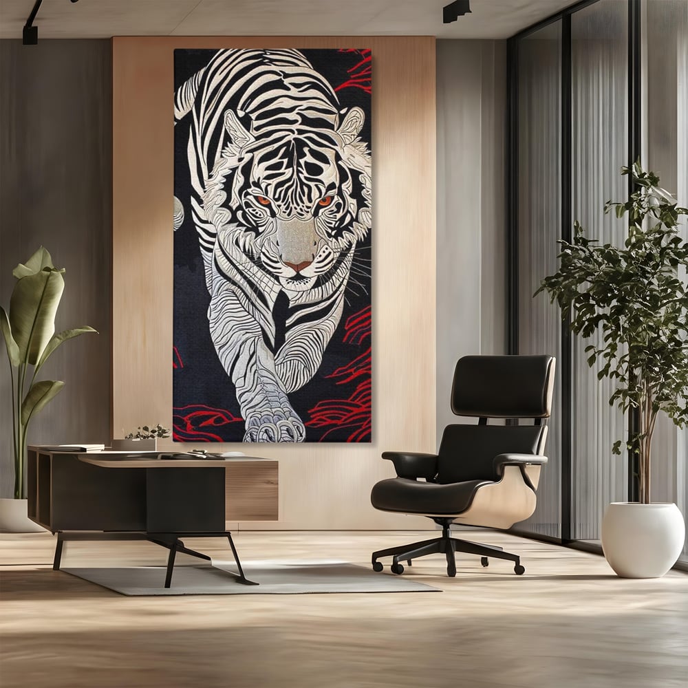Tablou Canvas Premium, LuxCanva® M1429, Ritualul Umbrei, Oriental, Rosu, Foc, Umbre, Tigru, Felina, Bestie, Vanator, Mister, Arta Abstracta, Birou, Living, Camera Copil