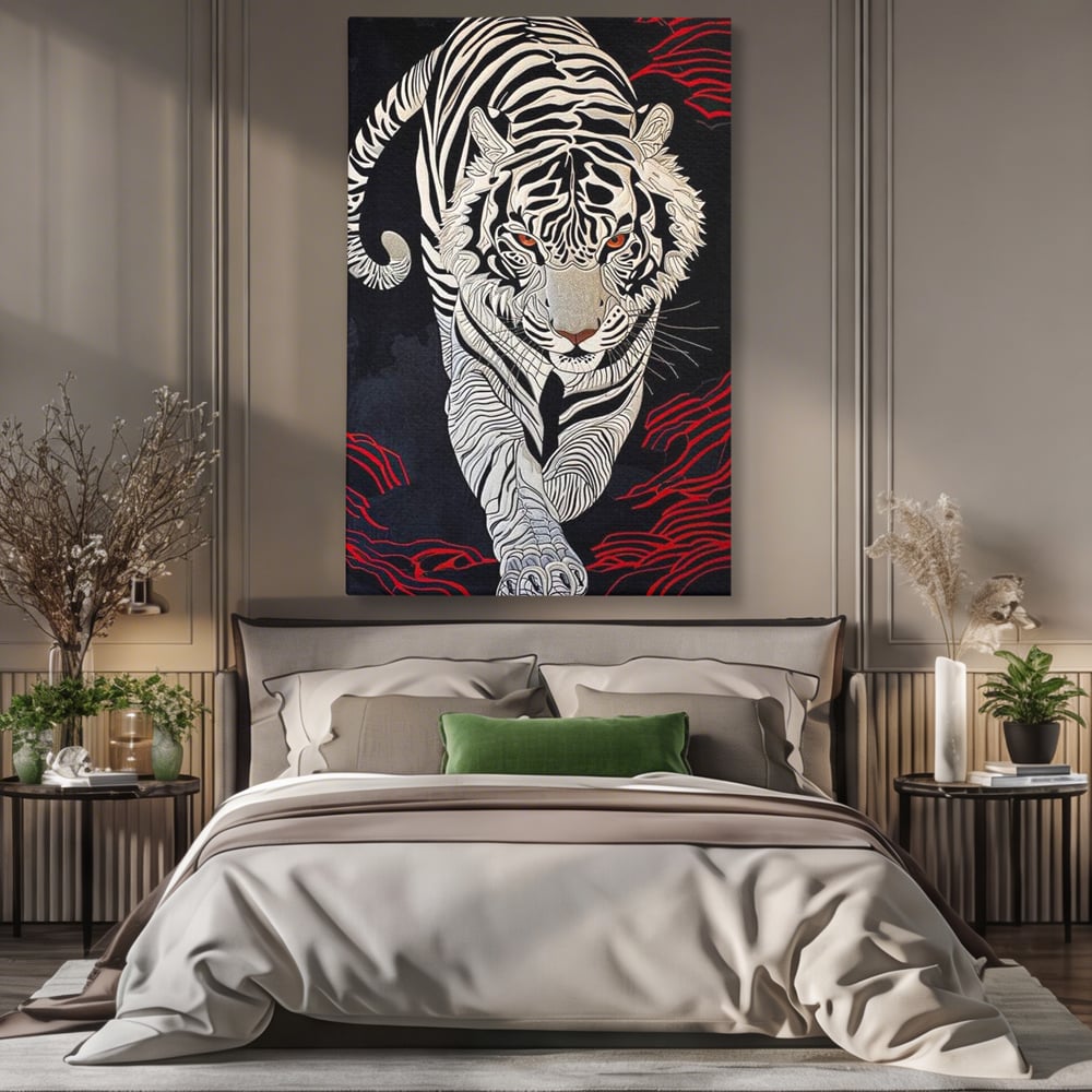 Tablou Canvas Premium, LuxCanva® M1429, Ritualul Umbrei, Oriental, Rosu, Foc, Umbre, Tigru, Felina, Bestie, Vanator, Mister, Arta Abstracta, Birou, Living, Camera Copil