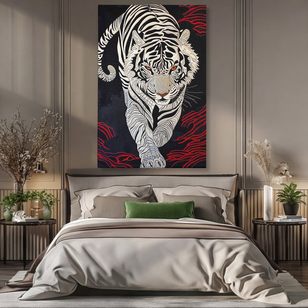 Tablou Canvas Premium, LuxCanva® M1429, Ritualul Umbrei, Oriental, Rosu, Foc, Umbre, Tigru, Felina, Bestie, Vanator, Mister, Arta Abstracta, Birou, Living, Camera Copil