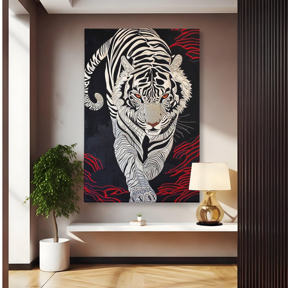 Tablou Canvas Premium, LuxCanva® M1429, Ritualul Umbrei, Oriental, Rosu, Foc, Umbre, Tigru, Felina, Bestie, Vanator, Mister, Arta Abstracta, Birou, Living, Camera Copil