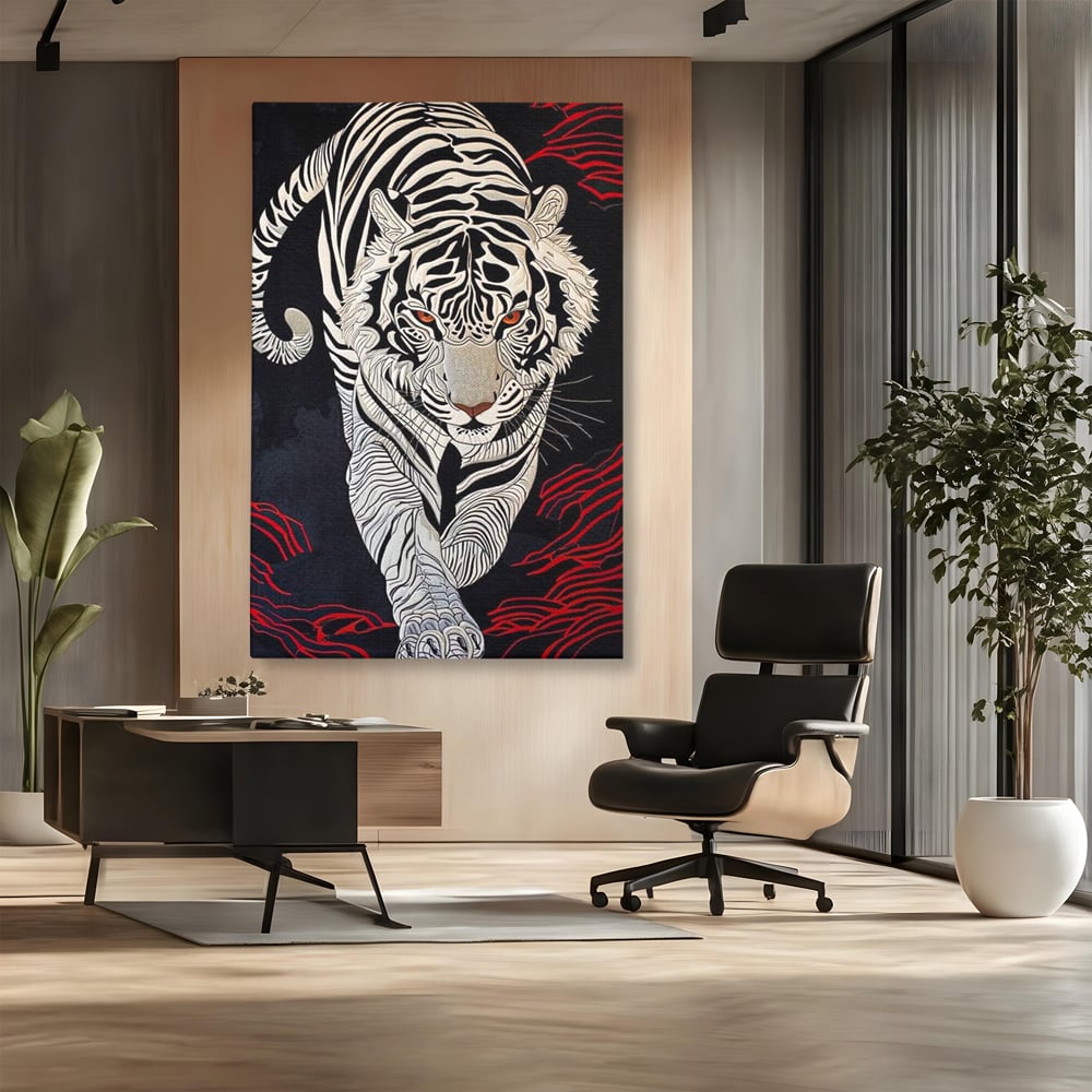 Tablou Canvas Premium, LuxCanva® M1429, Ritualul Umbrei, Oriental, Rosu, Foc, Umbre, Tigru, Felina, Bestie, Vanator, Mister, Arta Abstracta, Birou, Living, Camera Copil