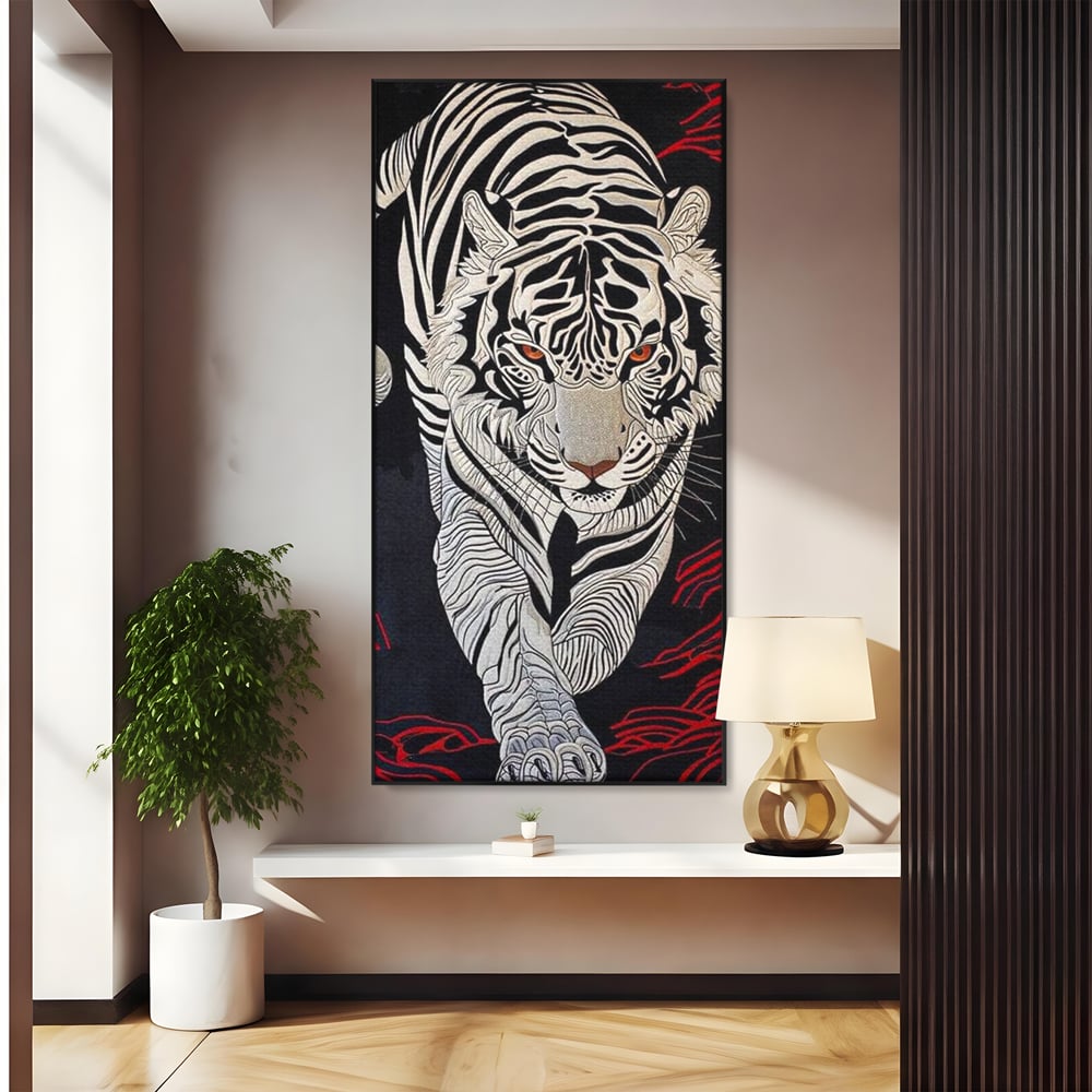Tablou Canvas Premium, LuxCanva® M1429, Ritualul Umbrei, Oriental, Rosu, Foc, Umbre, Tigru, Felina, Bestie, Vanator, Mister, Arta Abstracta, Birou, Living, Camera Copil
