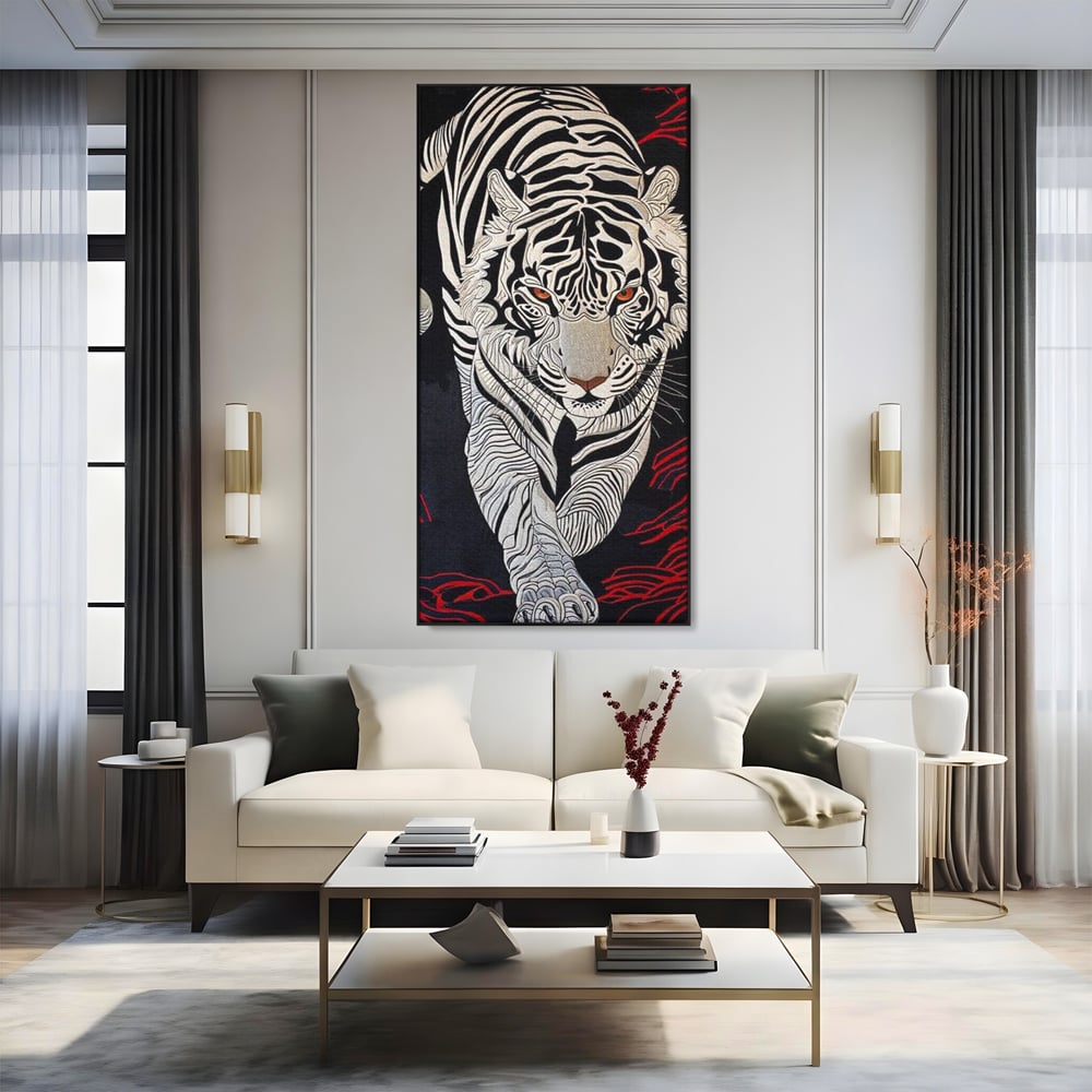 Tablou Canvas Premium, LuxCanva® M1429, Ritualul Umbrei, Oriental, Rosu, Foc, Umbre, Tigru, Felina, Bestie, Vanator, Mister, Arta Abstracta, Birou, Living, Camera Copil