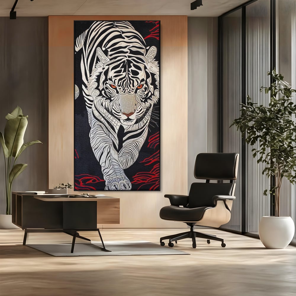 Tablou Canvas Premium, LuxCanva® M1429, Ritualul Umbrei, Oriental, Rosu, Foc, Umbre, Tigru, Felina, Bestie, Vanator, Mister, Arta Abstracta, Birou, Living, Camera Copil