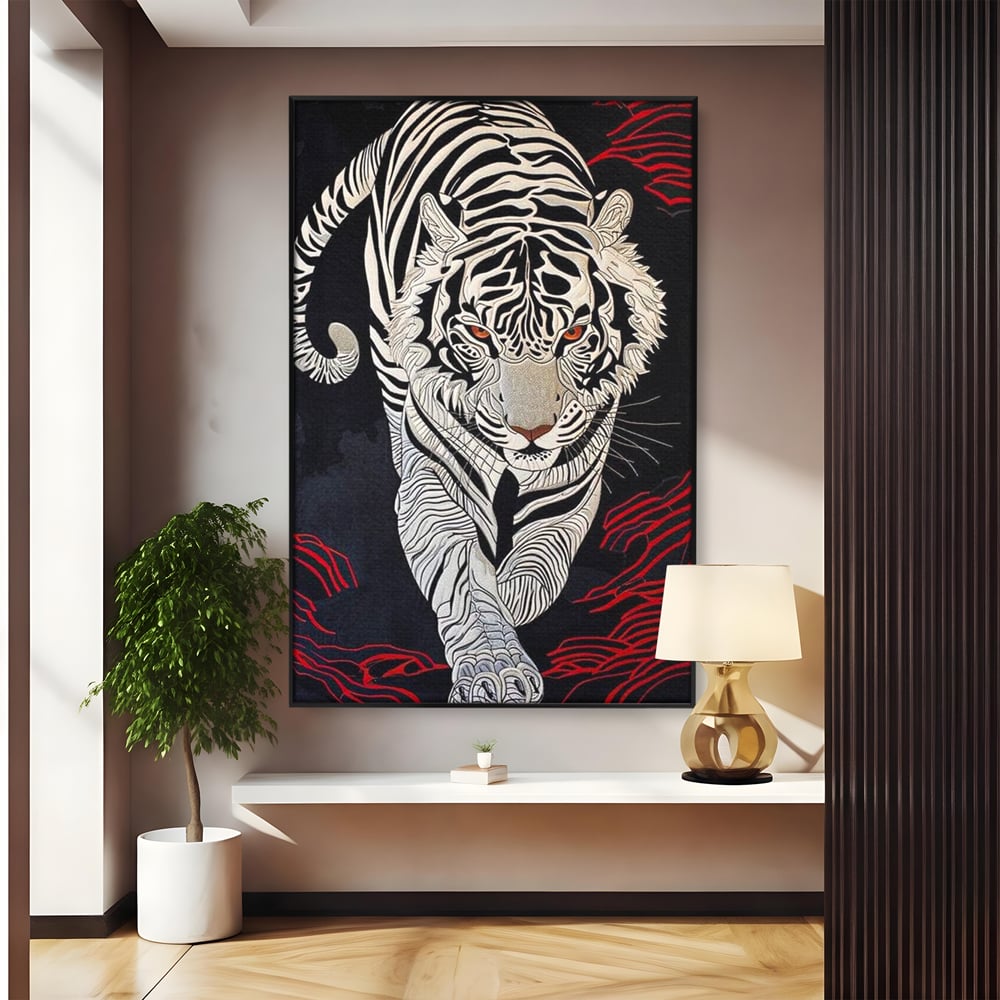 Tablou Canvas Premium, LuxCanva® M1429, Ritualul Umbrei, Oriental, Rosu, Foc, Umbre, Tigru, Felina, Bestie, Vanator, Mister, Arta Abstracta, Birou, Living, Camera Copil