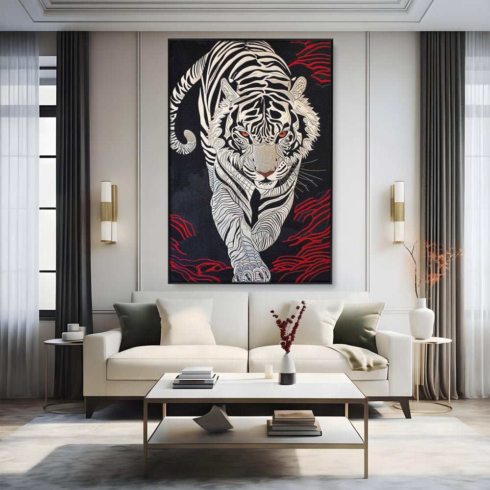 Tablou Canvas Premium, LuxCanva® M1429, Ritualul Umbrei, Oriental, Rosu, Foc, Umbre, Tigru, Felina, Bestie, Vanator, Mister, Arta Abstracta, Birou, Living, Camera Copil