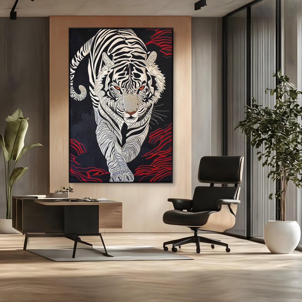 Tablou Canvas Premium, LuxCanva® M1429, Ritualul Umbrei, Oriental, Rosu, Foc, Umbre, Tigru, Felina, Bestie, Vanator, Mister, Arta Abstracta, Birou, Living, Camera Copil