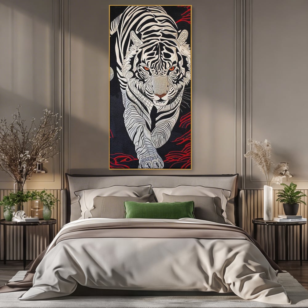 Tablou Canvas Premium, LuxCanva® M1429, Ritualul Umbrei, Oriental, Rosu, Foc, Umbre, Tigru, Felina, Bestie, Vanator, Mister, Arta Abstracta, Birou, Living, Camera Copil