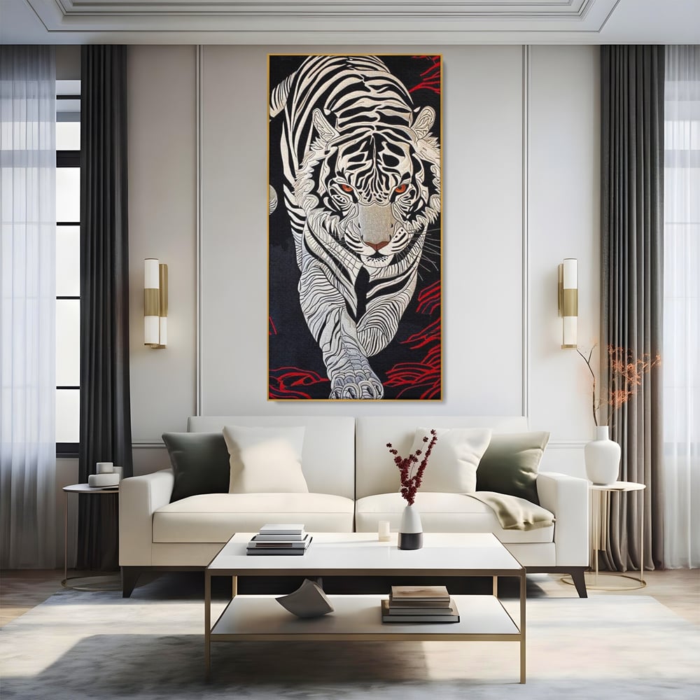 Tablou Canvas Premium, LuxCanva® M1429, Ritualul Umbrei, Oriental, Rosu, Foc, Umbre, Tigru, Felina, Bestie, Vanator, Mister, Arta Abstracta, Birou, Living, Camera Copil