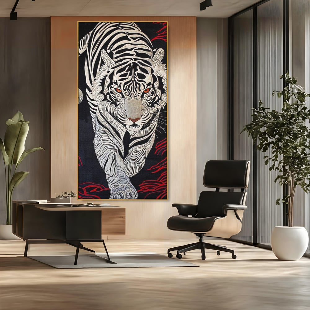 Tablou Canvas Premium, LuxCanva® M1429, Ritualul Umbrei, Oriental, Rosu, Foc, Umbre, Tigru, Felina, Bestie, Vanator, Mister, Arta Abstracta, Birou, Living, Camera Copil