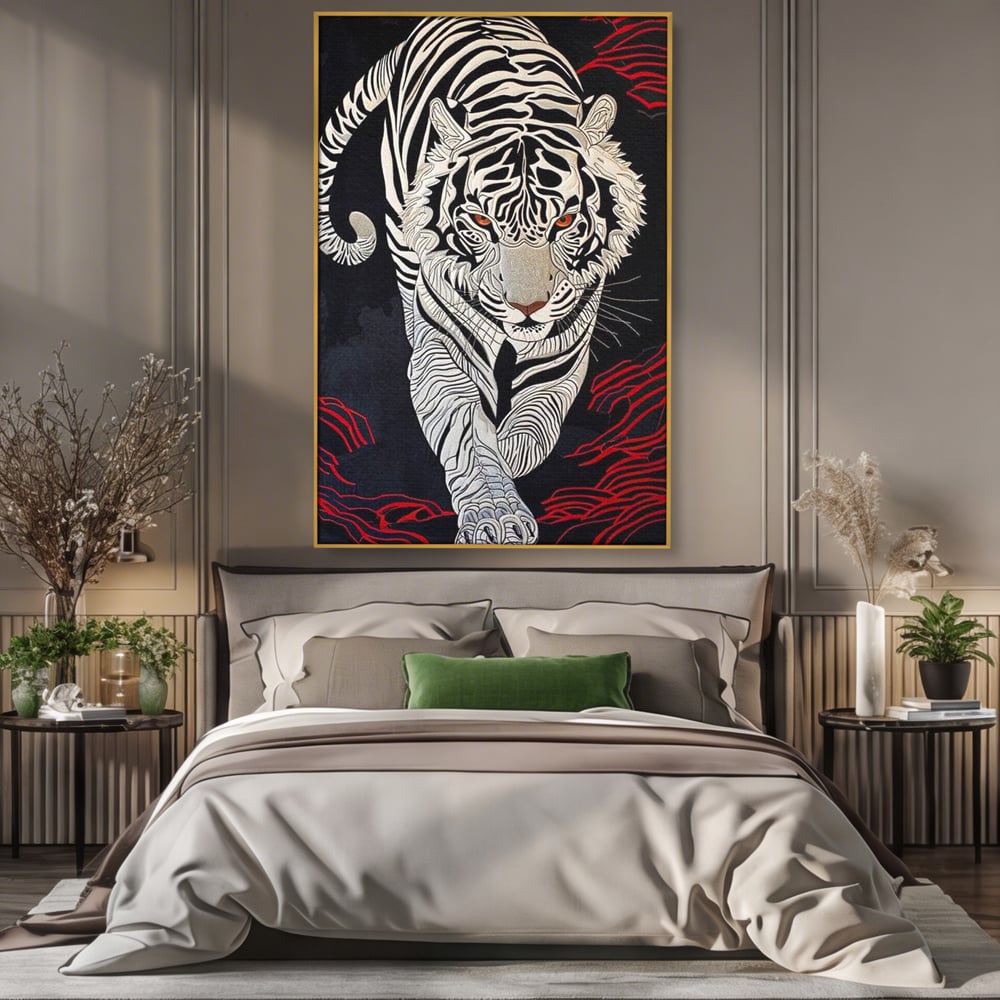 Tablou Canvas Premium, LuxCanva® M1429, Ritualul Umbrei, Oriental, Rosu, Foc, Umbre, Tigru, Felina, Bestie, Vanator, Mister, Arta Abstracta, Birou, Living, Camera Copil