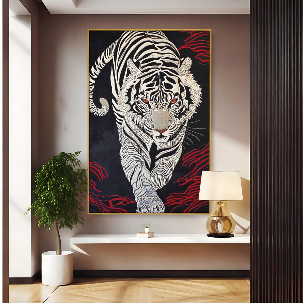 Tablou Canvas Premium, LuxCanva® M1429, Ritualul Umbrei, Oriental, Rosu, Foc, Umbre, Tigru, Felina, Bestie, Vanator, Mister, Arta Abstracta, Birou, Living, Camera Copil