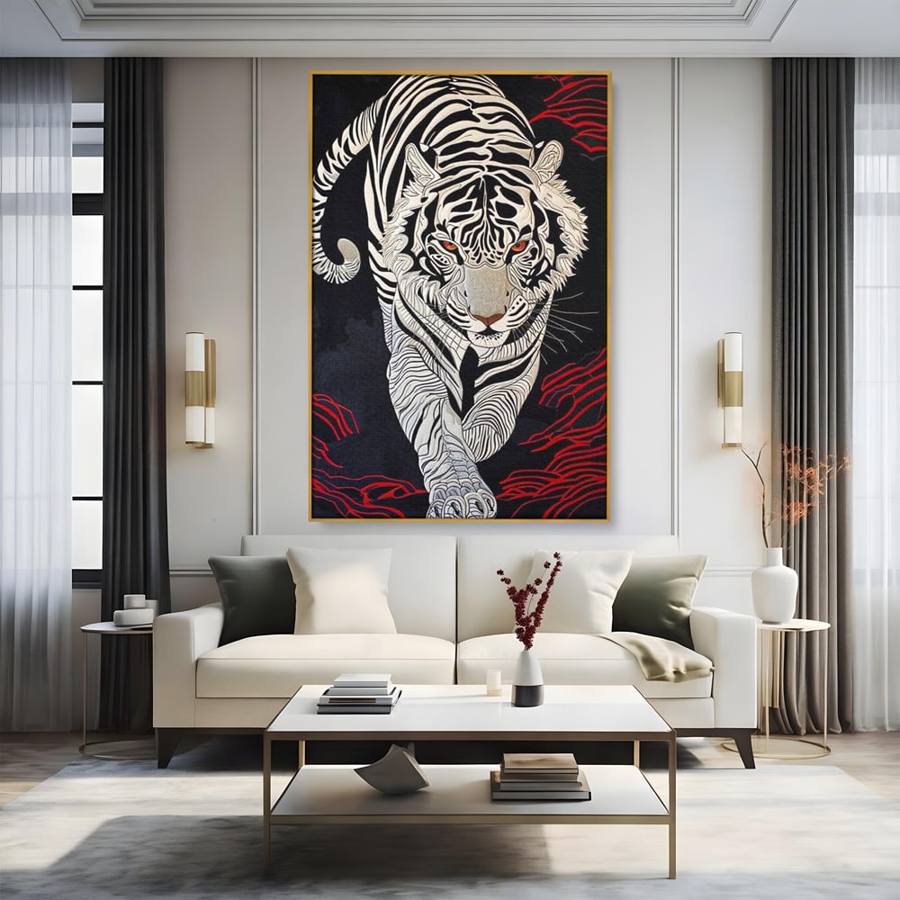Tablou Canvas Premium, LuxCanva® M1429, Ritualul Umbrei, Oriental, Rosu, Foc, Umbre, Tigru, Felina, Bestie, Vanator, Mister, Arta Abstracta, Birou, Living, Camera Copil