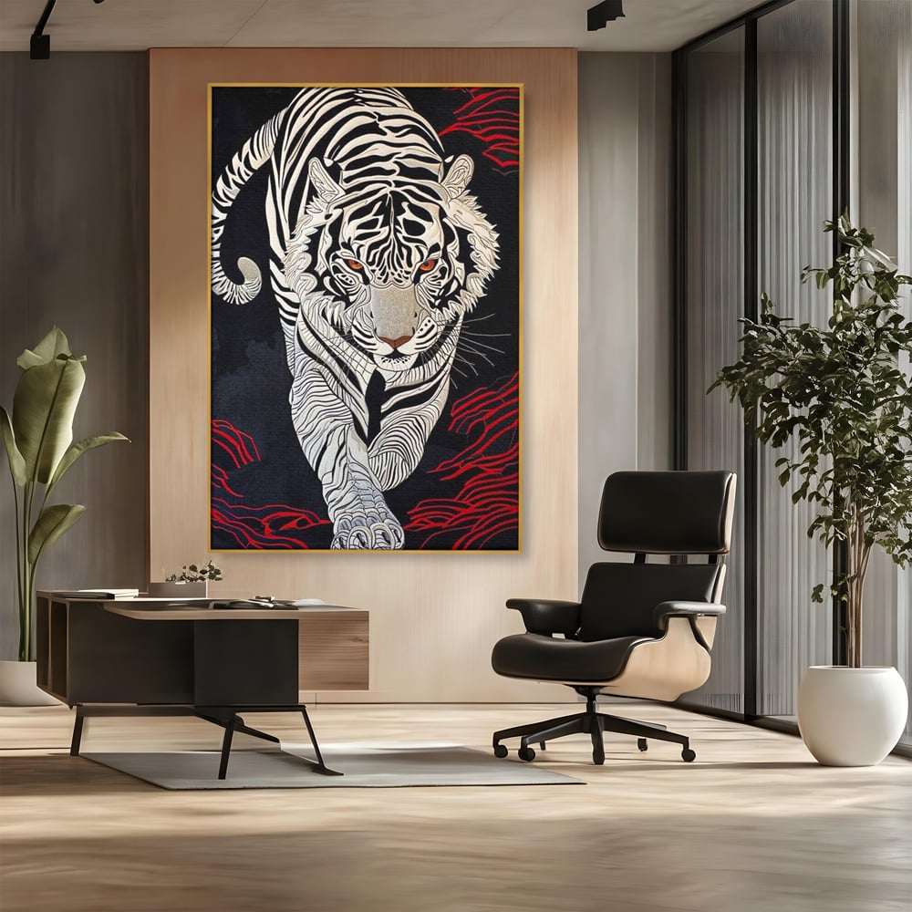 Tablou Canvas Premium, LuxCanva® M1429, Ritualul Umbrei, Oriental, Rosu, Foc, Umbre, Tigru, Felina, Bestie, Vanator, Mister, Arta Abstracta, Birou, Living, Camera Copil