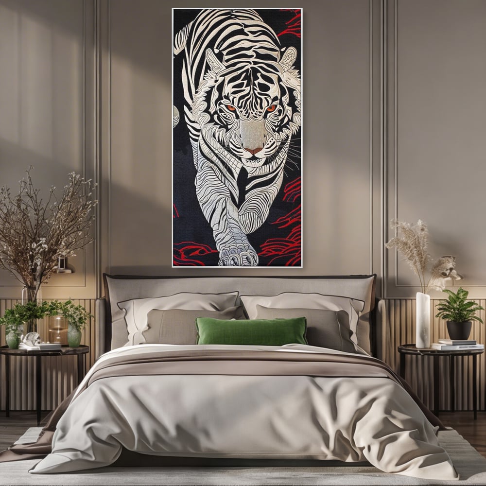Tablou Canvas Premium, LuxCanva® M1429, Ritualul Umbrei, Oriental, Rosu, Foc, Umbre, Tigru, Felina, Bestie, Vanator, Mister, Arta Abstracta, Birou, Living, Camera Copil