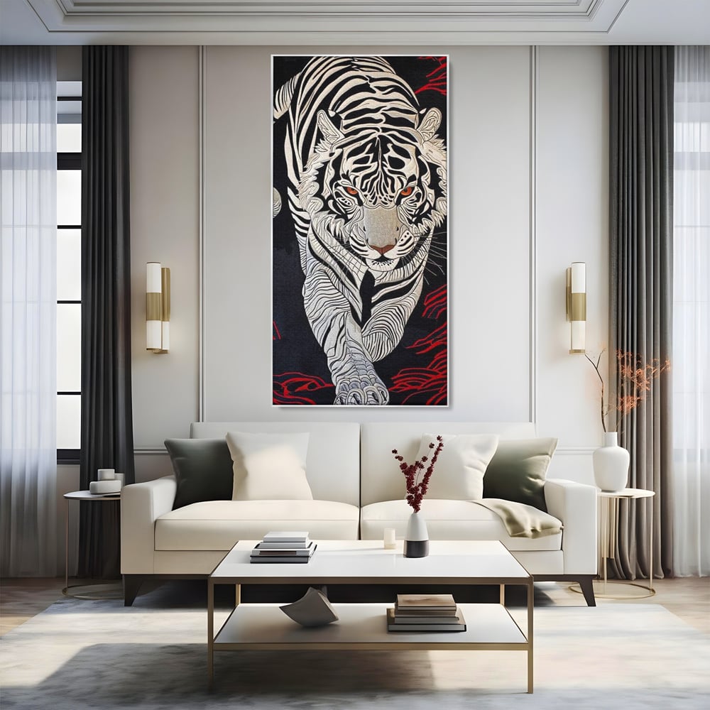 Tablou Canvas Premium, LuxCanva® M1429, Ritualul Umbrei, Oriental, Rosu, Foc, Umbre, Tigru, Felina, Bestie, Vanator, Mister, Arta Abstracta, Birou, Living, Camera Copil