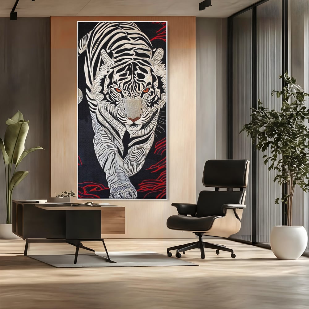 Tablou Canvas Premium, LuxCanva® M1429, Ritualul Umbrei, Oriental, Rosu, Foc, Umbre, Tigru, Felina, Bestie, Vanator, Mister, Arta Abstracta, Birou, Living, Camera Copil