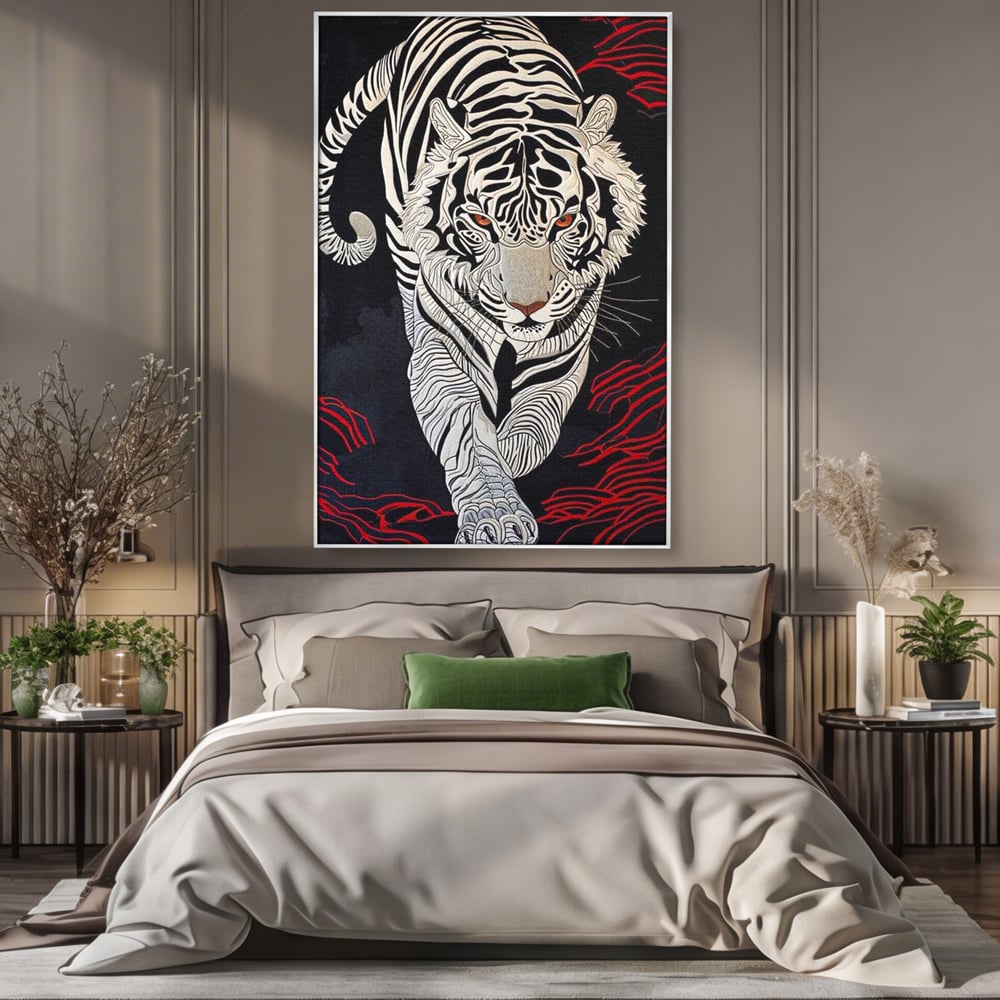 Tablou Canvas Premium, LuxCanva® M1429, Ritualul Umbrei, Oriental, Rosu, Foc, Umbre, Tigru, Felina, Bestie, Vanator, Mister, Arta Abstracta, Birou, Living, Camera Copil
