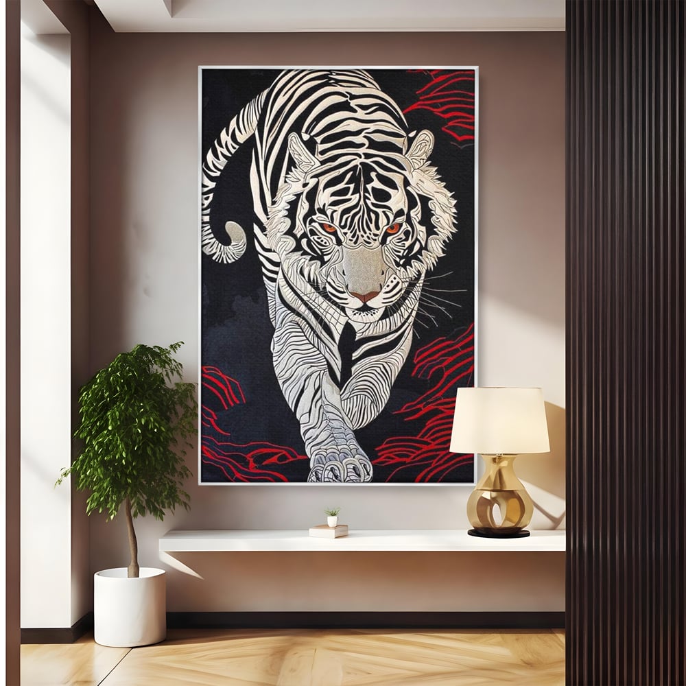 Tablou Canvas Premium, LuxCanva® M1429, Ritualul Umbrei, Oriental, Rosu, Foc, Umbre, Tigru, Felina, Bestie, Vanator, Mister, Arta Abstracta, Birou, Living, Camera Copil