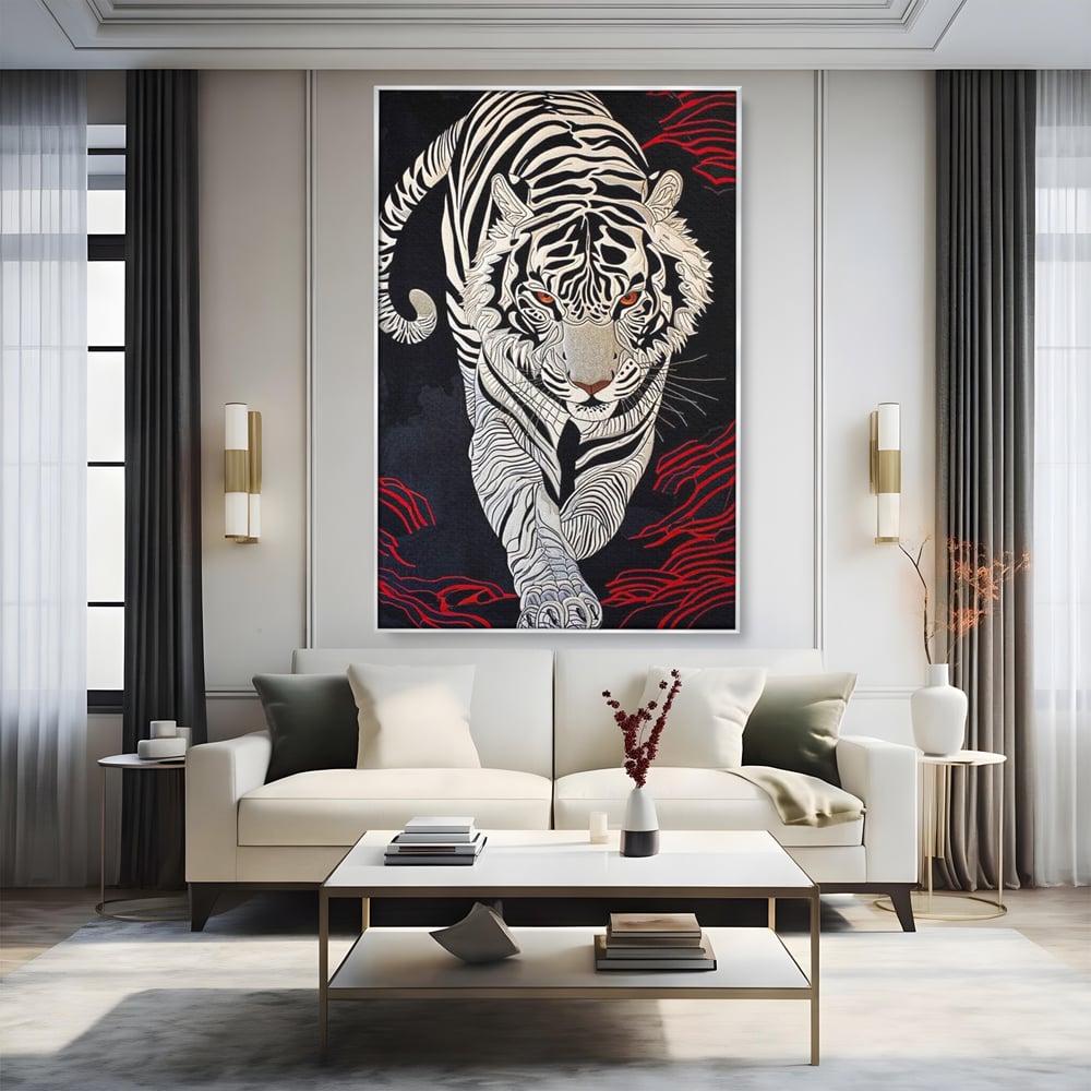 Tablou Canvas Premium, LuxCanva® M1429, Ritualul Umbrei, Oriental, Rosu, Foc, Umbre, Tigru, Felina, Bestie, Vanator, Mister, Arta Abstracta, Birou, Living, Camera Copil