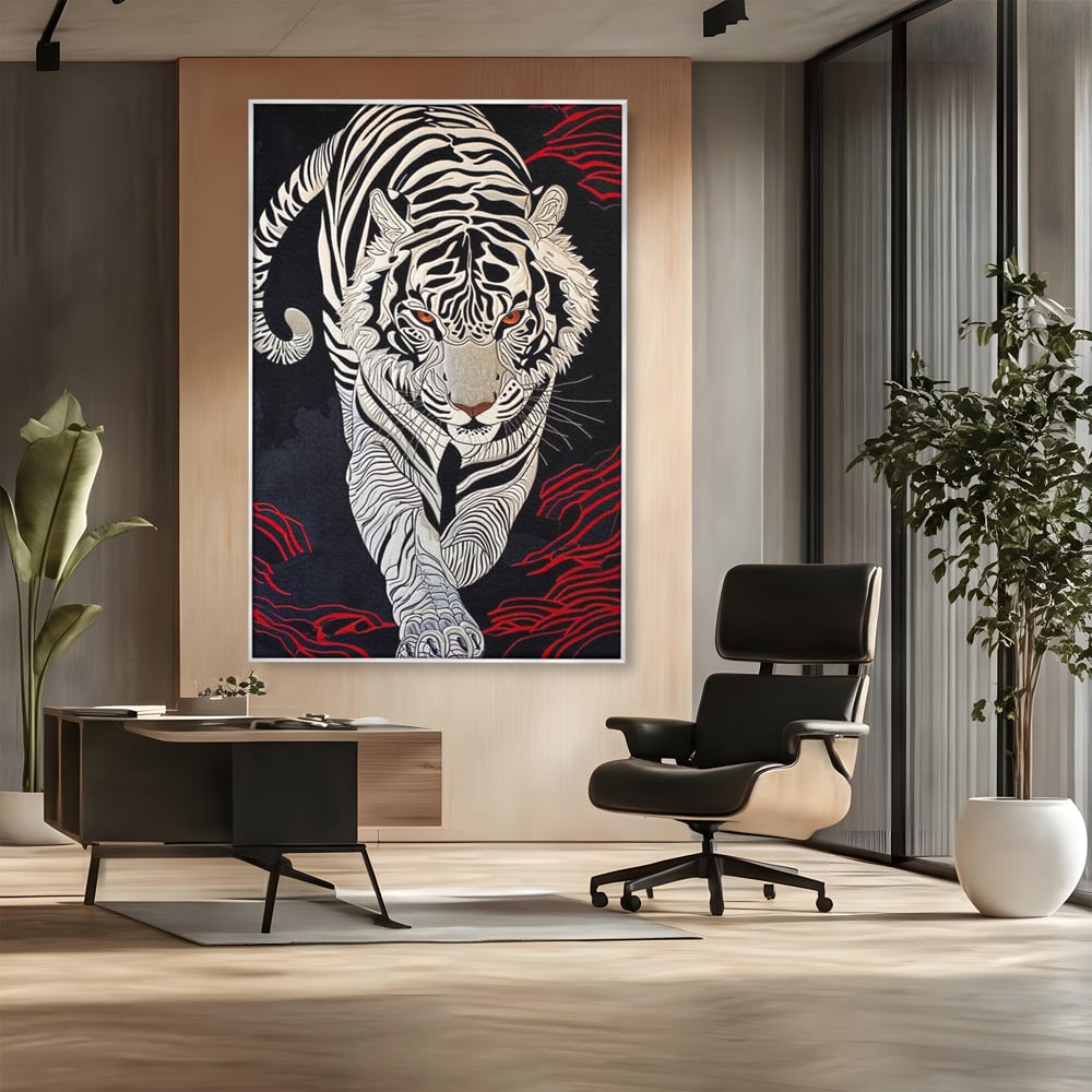 Tablou Canvas Premium, LuxCanva® M1429, Ritualul Umbrei, Oriental, Rosu, Foc, Umbre, Tigru, Felina, Bestie, Vanator, Mister, Arta Abstracta, Birou, Living, Camera Copil