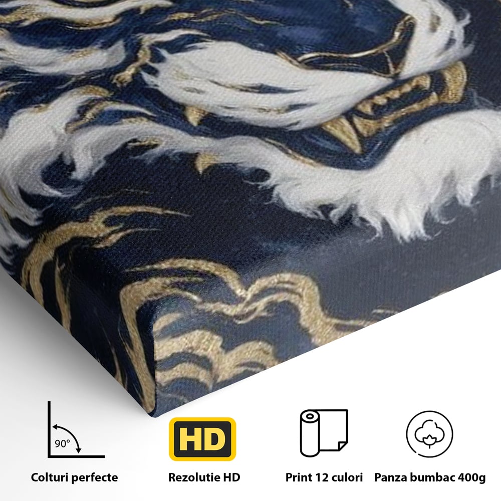 Leinwand Wandkunst Canvas Premium, LuxCanva® M1430, Zen Fury, Golden, Blau, Tiger, Bestie, Feline, Orientalisch, Krieger, Flammen, Reißzähne, Geist, Büro, Wohnen, Kinderzimmer