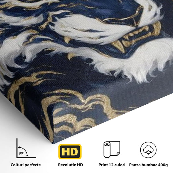 Leinwand Wandkunst Canvas Premium, LuxCanva® M1430, Zen Fury, Golden, Blau, Tiger, Bestie, Feline, Orientalisch, Krieger, Flammen, Reißzähne, Geist, Büro, Wohnen, Kinderzimmer
