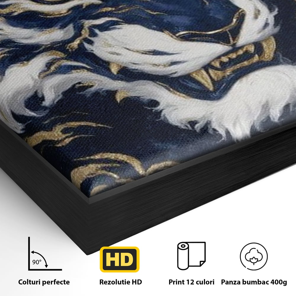 Leinwand Wandkunst Canvas Premium, LuxCanva® M1430, Zen Fury, Golden, Blau, Tiger, Bestie, Feline, Orientalisch, Krieger, Flammen, Reißzähne, Geist, Büro, Wohnen, Kinderzimmer