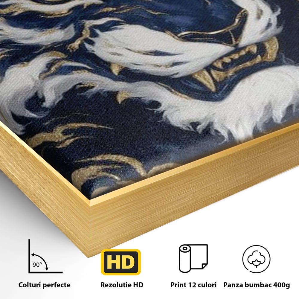 Leinwand Wandkunst Canvas Premium, LuxCanva® M1430, Zen Fury, Golden, Blau, Tiger, Bestie, Feline, Orientalisch, Krieger, Flammen, Reißzähne, Geist, Büro, Wohnen, Kinderzimmer