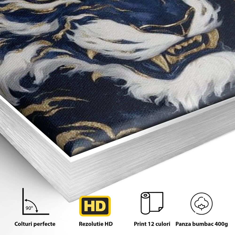 Leinwand Wandkunst Canvas Premium, LuxCanva® M1430, Zen Fury, Golden, Blau, Tiger, Bestie, Feline, Orientalisch, Krieger, Flammen, Reißzähne, Geist, Büro, Wohnen, Kinderzimmer