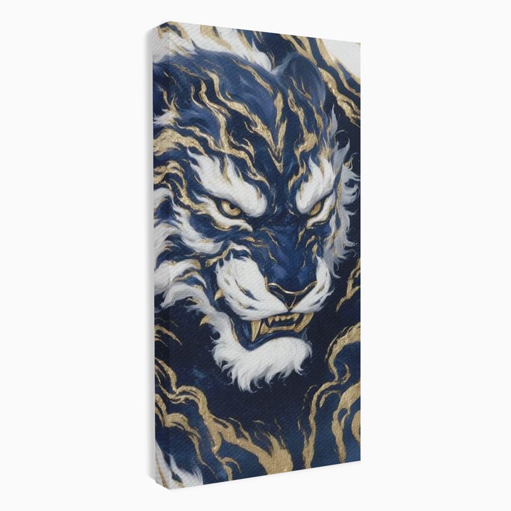 Leinwand Wandkunst Canvas Premium, LuxCanva® M1430, Zen Fury, Golden, Blau, Tiger, Bestie, Feline, Orientalisch, Krieger, Flammen, Reißzähne, Geist, Büro, Wohnen, Kinderzimmer