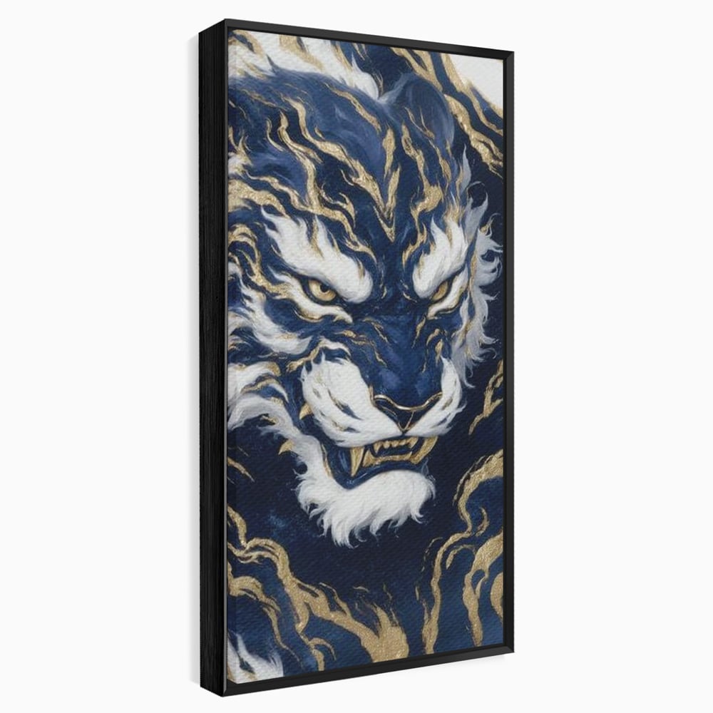Leinwand Wandkunst Canvas Premium, LuxCanva® M1430, Zen Fury, Golden, Blau, Tiger, Bestie, Feline, Orientalisch, Krieger, Flammen, Reißzähne, Geist, Büro, Wohnen, Kinderzimmer